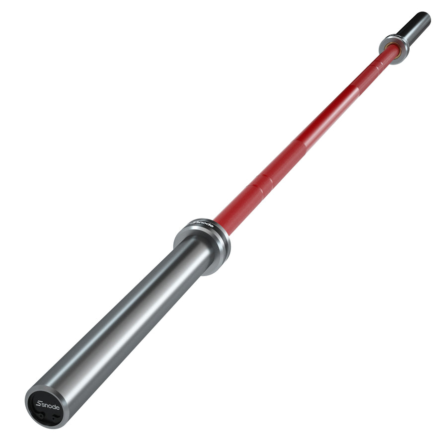 Weightlifting barbell with red shaft and silver sleeves, end cap logo.