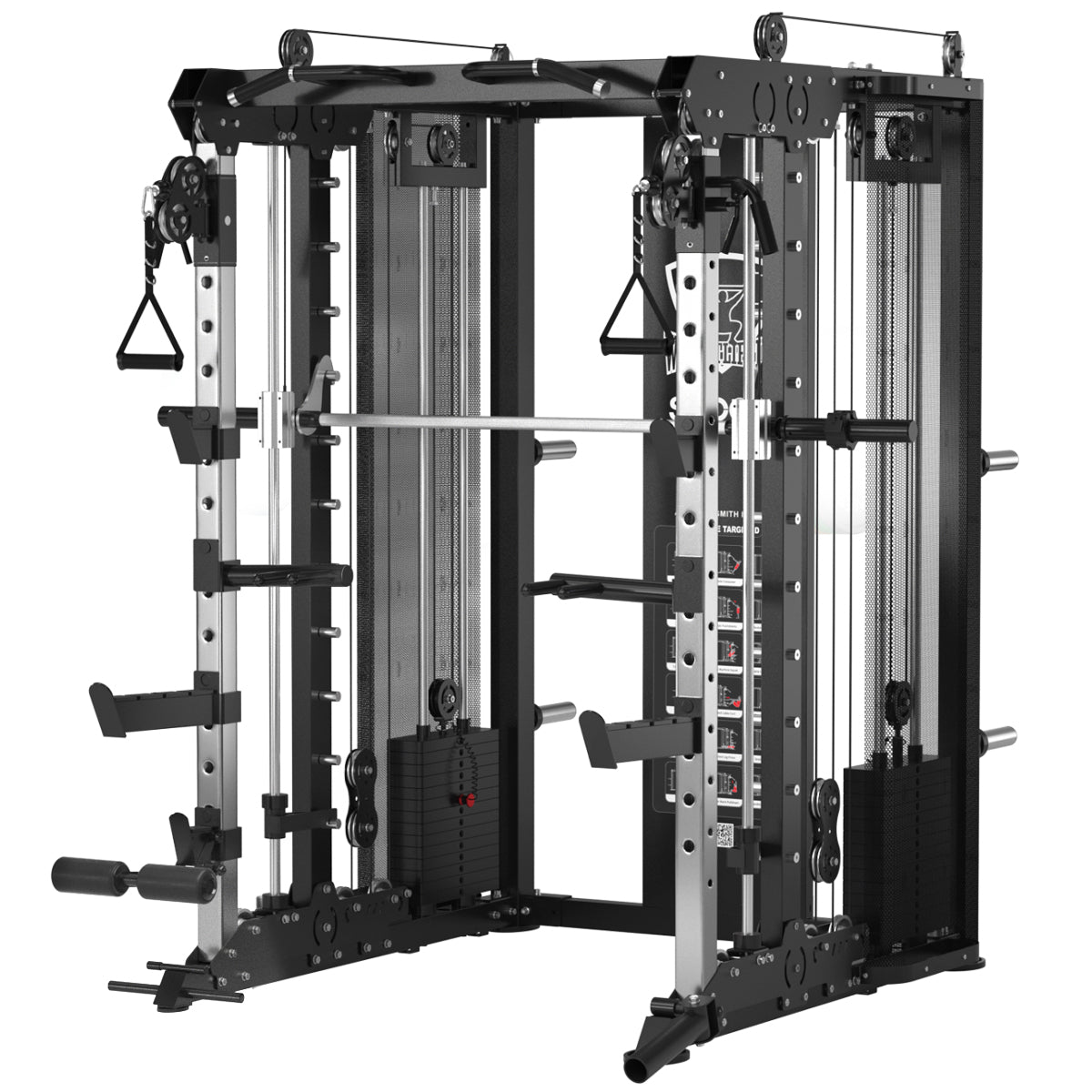 Counter-balanced Smith machine with chrome bar, safety hooks, and black/gray frame