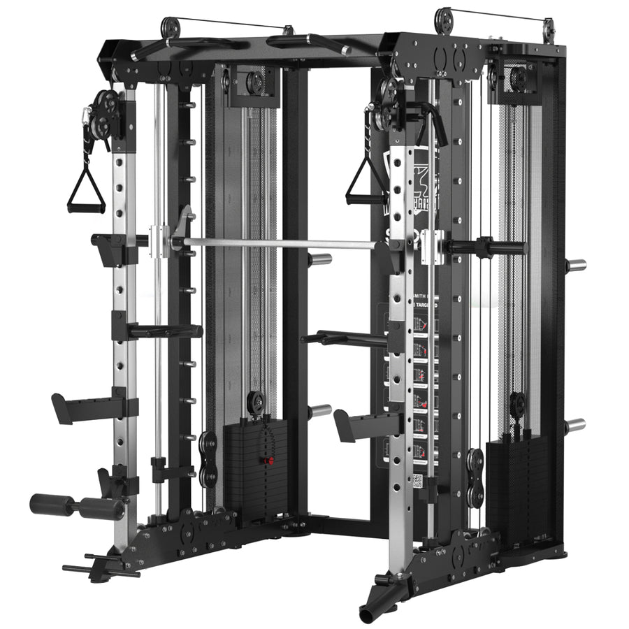 Counter-balanced Smith machine with chrome bar, safety hooks, and black/gray frame