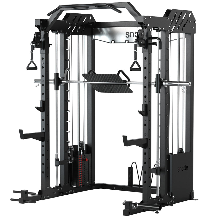 Smith machine functional trainer rack with adjustable padded bench and cable attachments