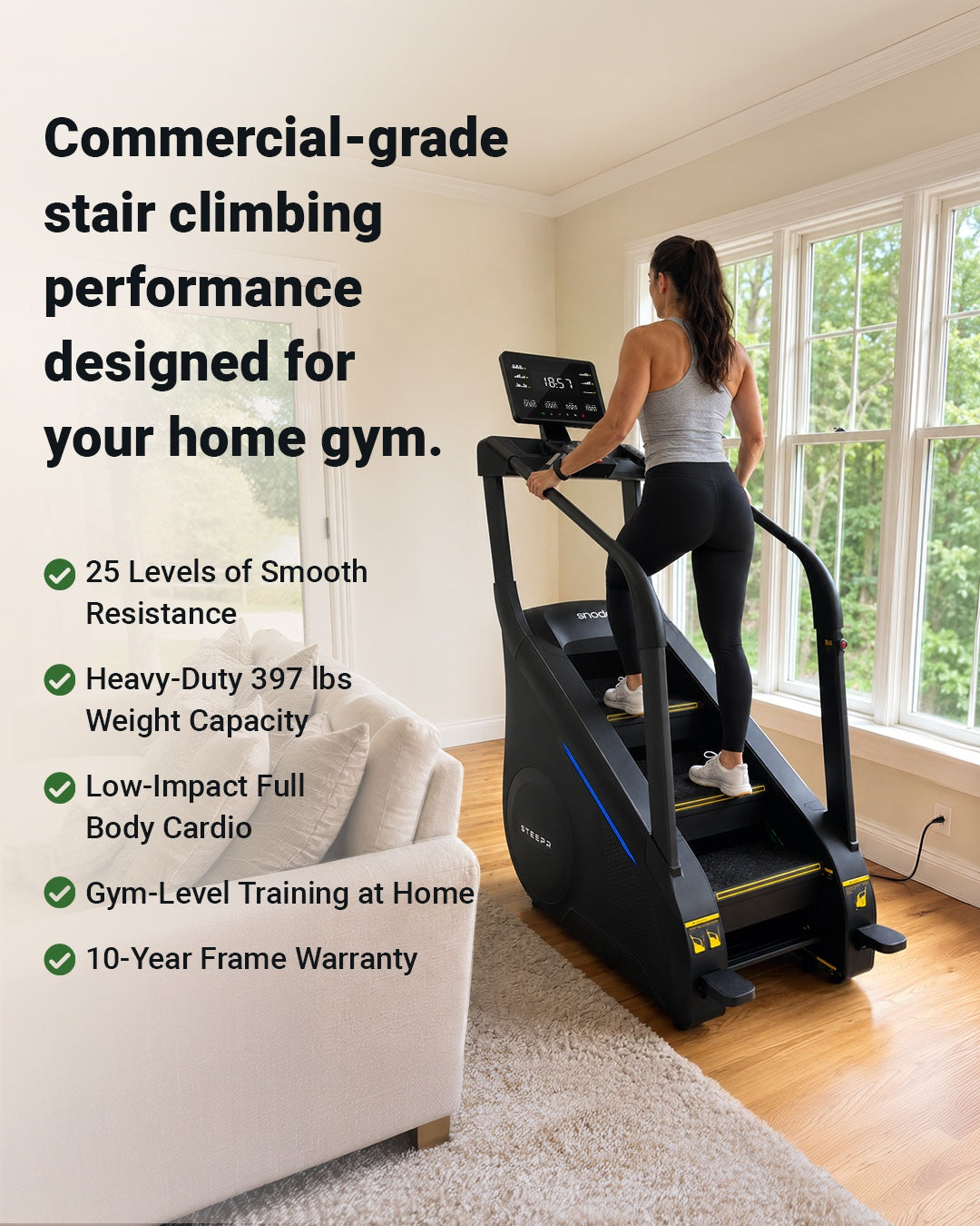 Person using the Snode Steepr™ Stair Climber Machine for a low-impact cardio workout