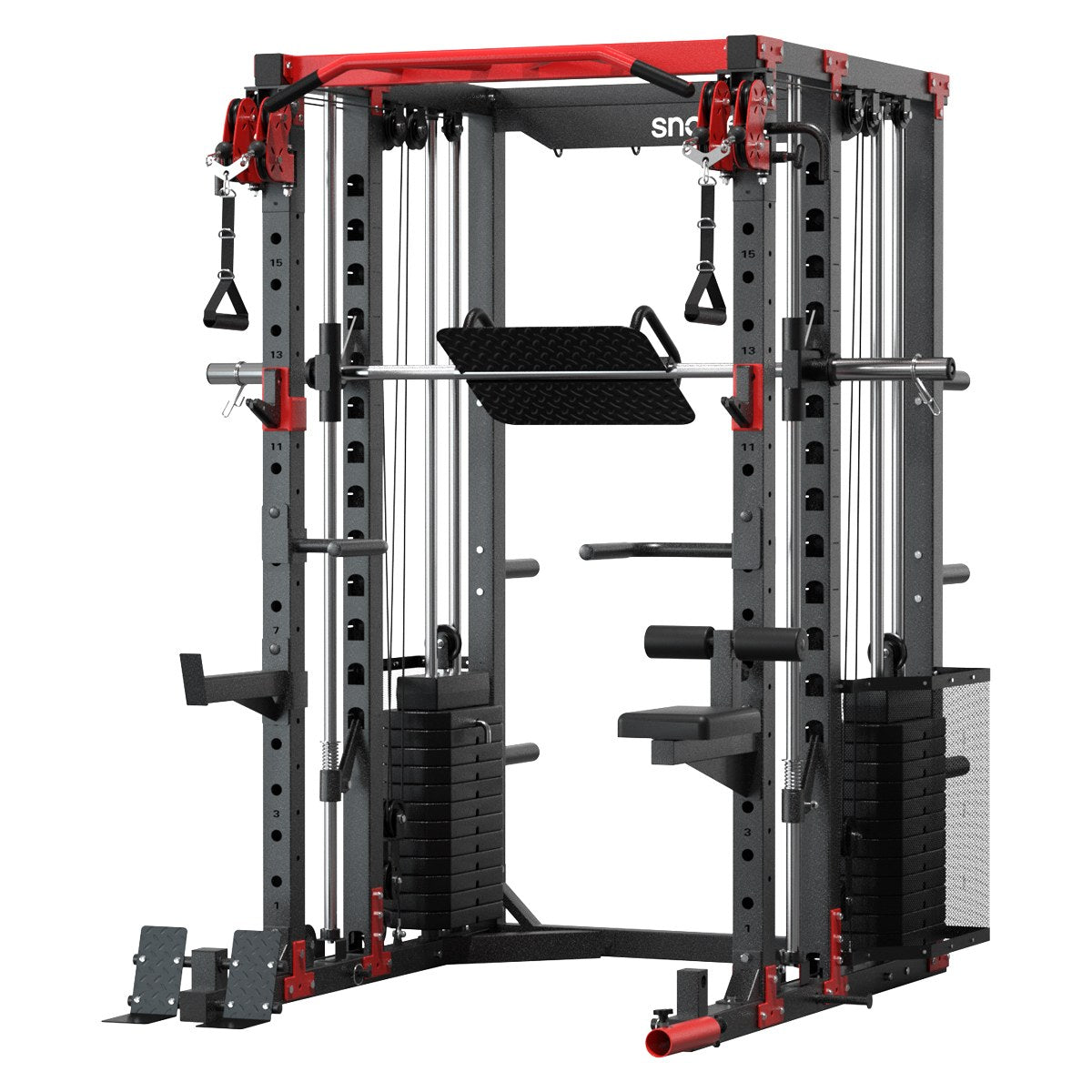 Smith machine home gym rack with J-hooks, safety arms, and front plate stacks